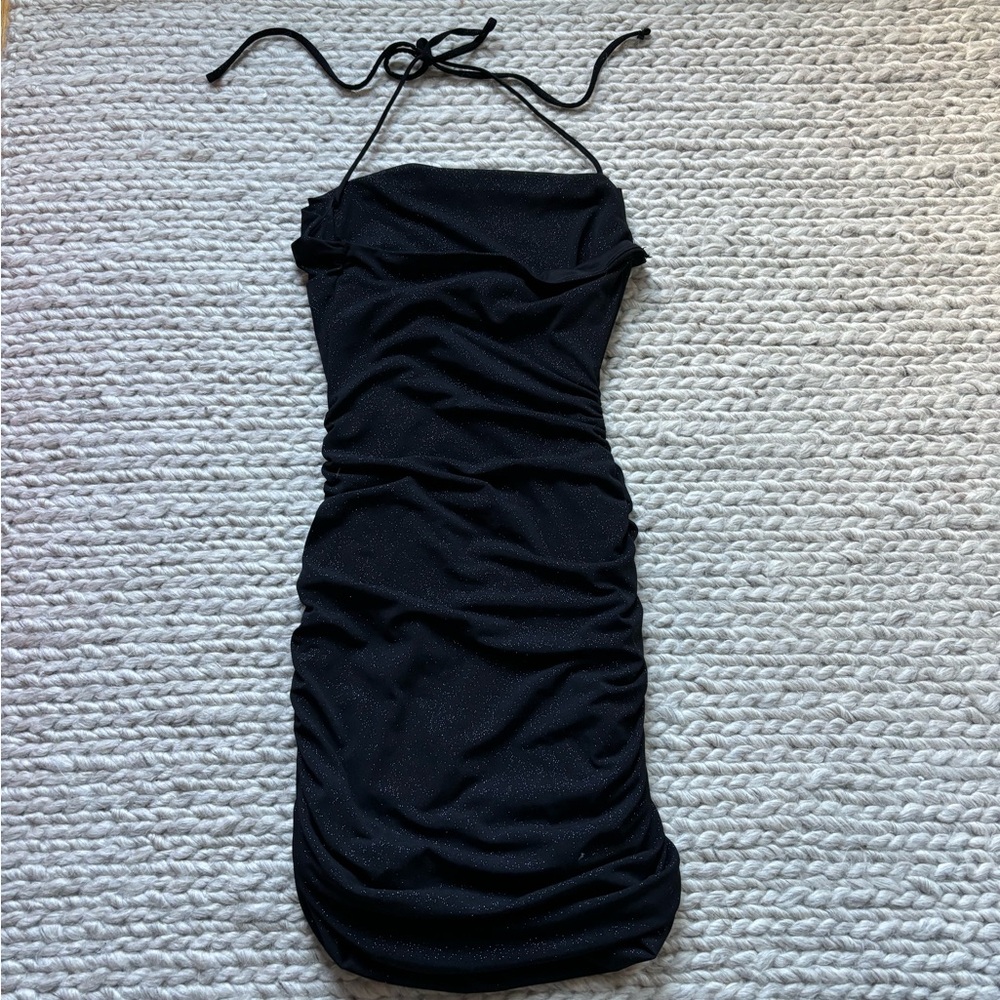 “Under My Spell” Glitter Halter Black Mini Dress
